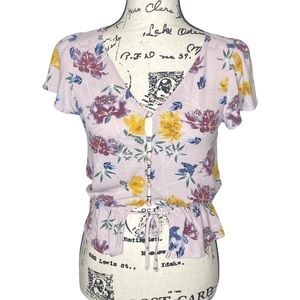 Aeropostale Pink Crepe Floral Bird Flutter Blouse